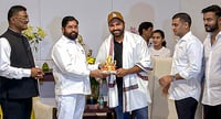 | Photo: PTI : Eknath Shinde felicitates players on T20 World Cup victory